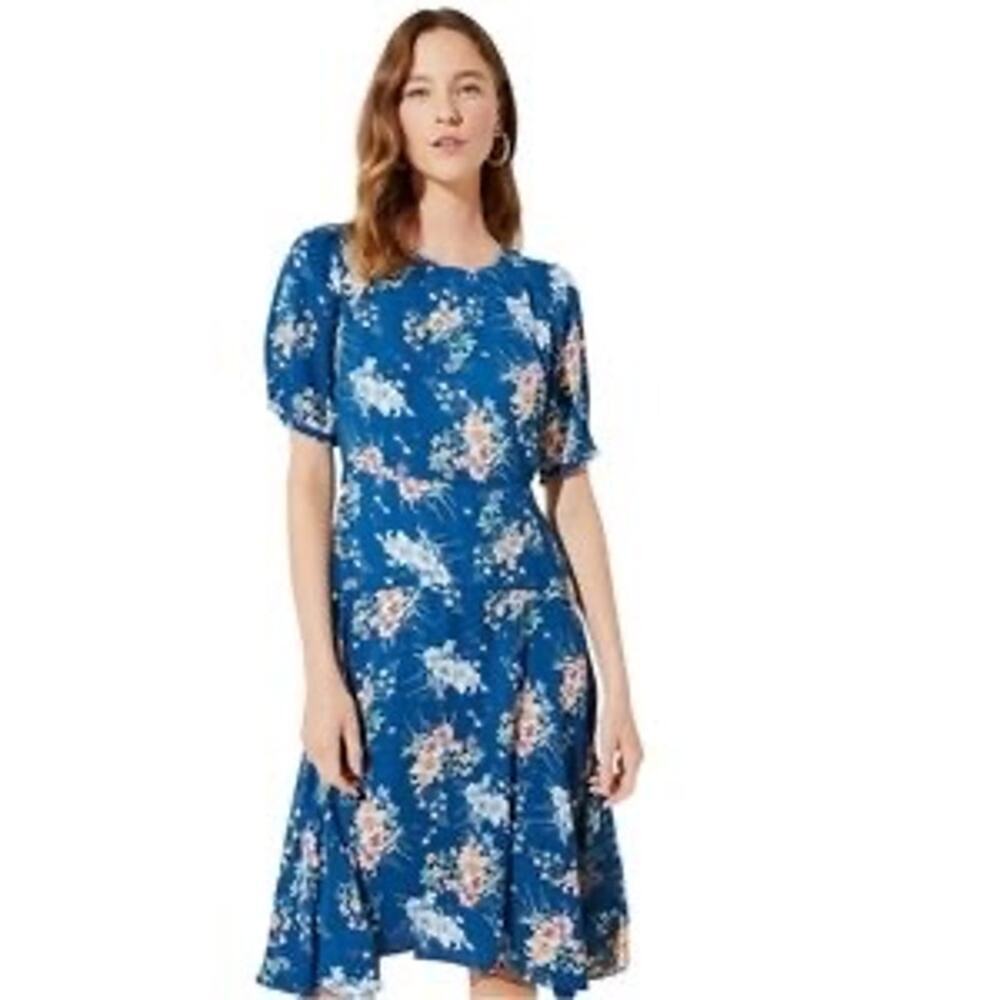 LOFT Blue Floral Fit Flare Dress Puff Sleeve Size 8